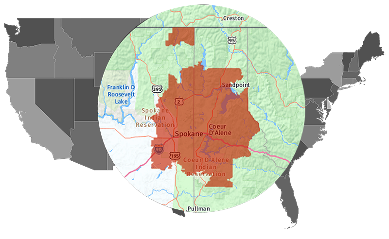 Service area map for Premier Basement Systems covering Spokane, WA, and Coeur d'Alene, ID