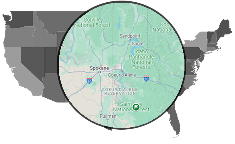 Map showing the service area of Premier Basement Systems, covering locations in Idaho and Washington including Coeur d'Alene, Spokane, Hayden, Sandpoint, Sagle, Post Falls, Spokane Valley, Dover, Ponderay, Priest Lake, Spirit Lake, Athol, Hauser, Bayview, Worley, Newman Lake, Green Bluff, Liberty Lake, Mead, Otis Orchards, Colbert, Blanchard, and Newport.