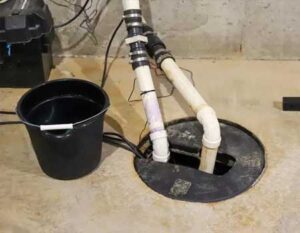 Professional installing a battery backup sump pump for waterproofing concrete block walls.