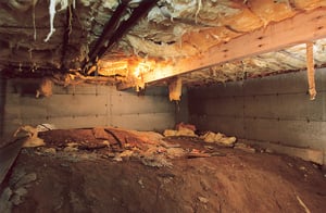 Dirt crawl space before encapsulation showing moisture and debris